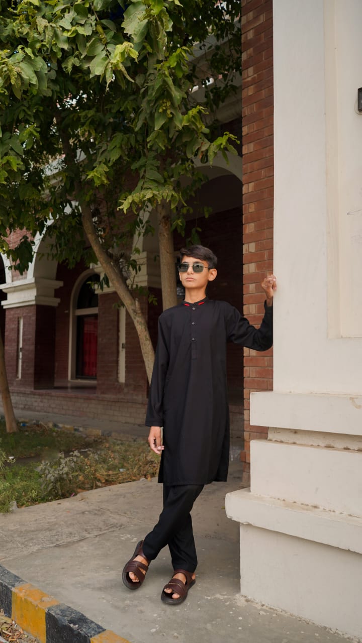 Premium Black Boys Shalwar Kameez | Wash & Wear | Ages 6–13 Years