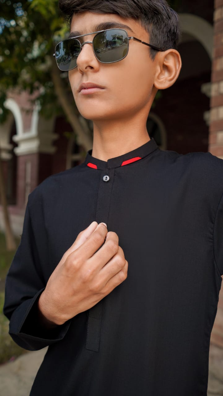 Premium Black Boys Shalwar Kameez | Wash & Wear | Ages 6–13 Years