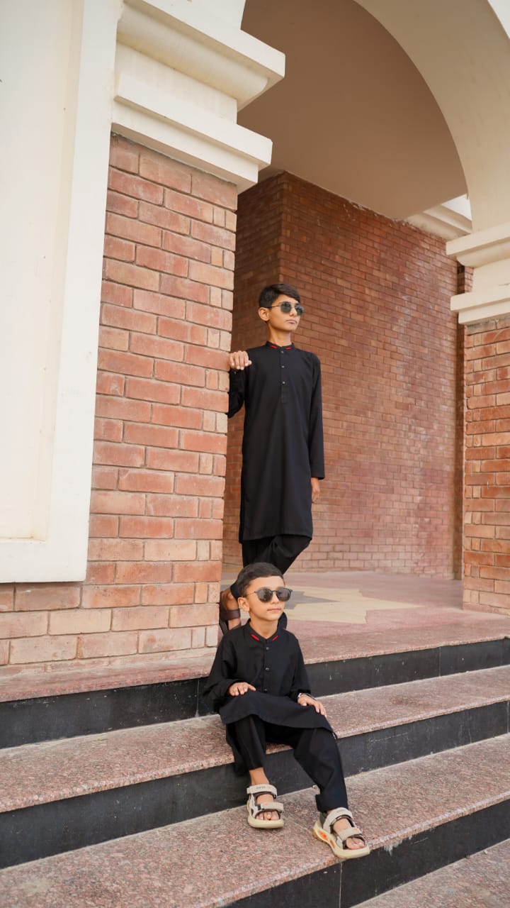 Premium Black Boys Shalwar Kameez | Wash & Wear | Ages 6–13 Years