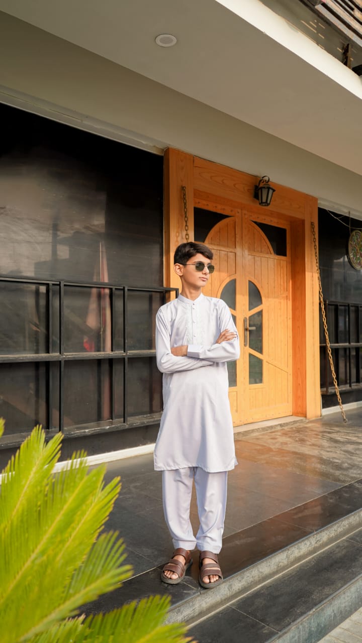 Premium Embroided Grey Boys Shalwar Kameez | Wash & Wear | Ages 6–13 Years