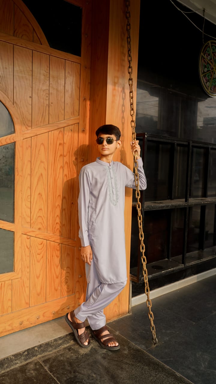 Premium Embroided Grey Boys Shalwar Kameez | Wash & Wear | Ages 6–13 Years
