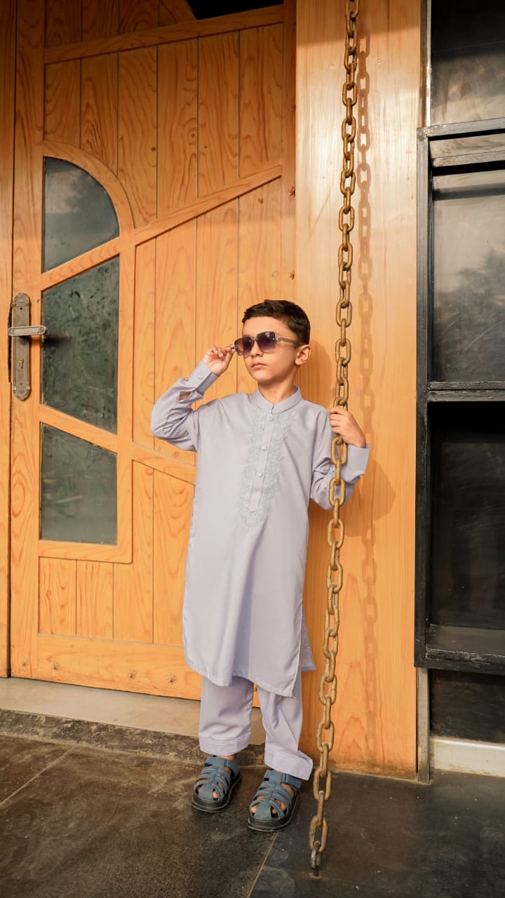 Premium Embroided Grey Boys Shalwar Kameez | Wash & Wear | Ages 6–13 Years