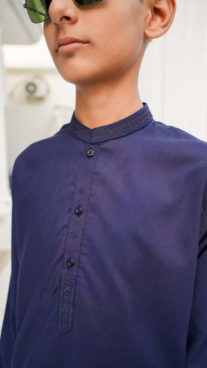 Premium Navy Blue Boys Shalwar Kameez | Wash & Wear | Ages 6–13 Years
